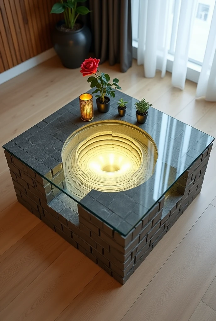 Small square coffee table handcrafted, featuring a reflective glass top that creates a stunning 3D visual effect inside the table resembling an endless tunnel, lit from the inside with warm white LED lighting. The sides are covered with a material that simulates the appearance of grey bricks with a three-dimensional texture.. The table is decorated with simple decorations such as small plants and a golden candlestick containing a red rose.. The table is placed on a light-colored wooden floor.. The table design combines simplicity and elegance with a touch of modernity, making it a distinctive piece of art in any room.