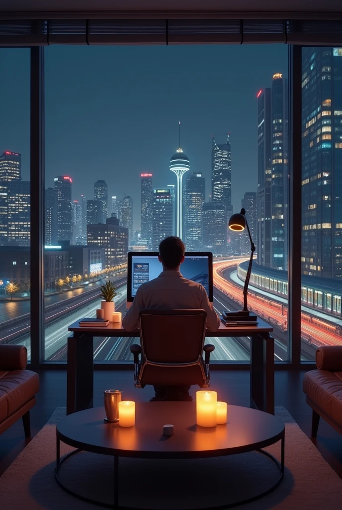 Create a realistic 1920x1080 office scene at night with a modern, cozy atmosphere. The room should have large windows showcasing a cityscape illuminated by nighttime city lights. Include a monorail in the distance with a train passing by to add dynamic elements to the scene. Ensure some of the city lights flicker to enhance realism.Inside the office, place a sleek, modern round table centered in the scene and facing the camera. The table should be designed so that a character sitting at it will face directly towards the camera. Position a computer monitor on the table, facing the camera, with its screen visible. Include a keyboard and a mouse on the table, neatly arranged. For added warmth, place lit candles on a coffee table in the room, casting a soft, warm glow that contrasts with the cool city lights outside. The overall ambiance should blend modern technology with cozy, inviting elements.