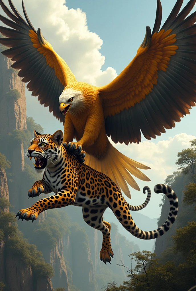 Create an image of a golden eagle catching a jaguar with its claws and carrying it