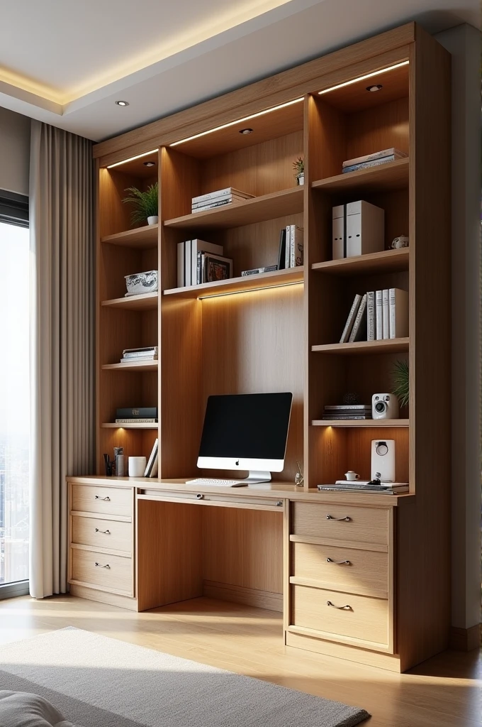 Aesthetic bookshelf design measuring 4 meters wide and 2 meters long.5 meter, There are 3 partitions for storing college bags, there is a computer desk, there are drawers to store files