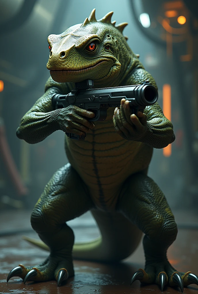 The lizard is using a gun.