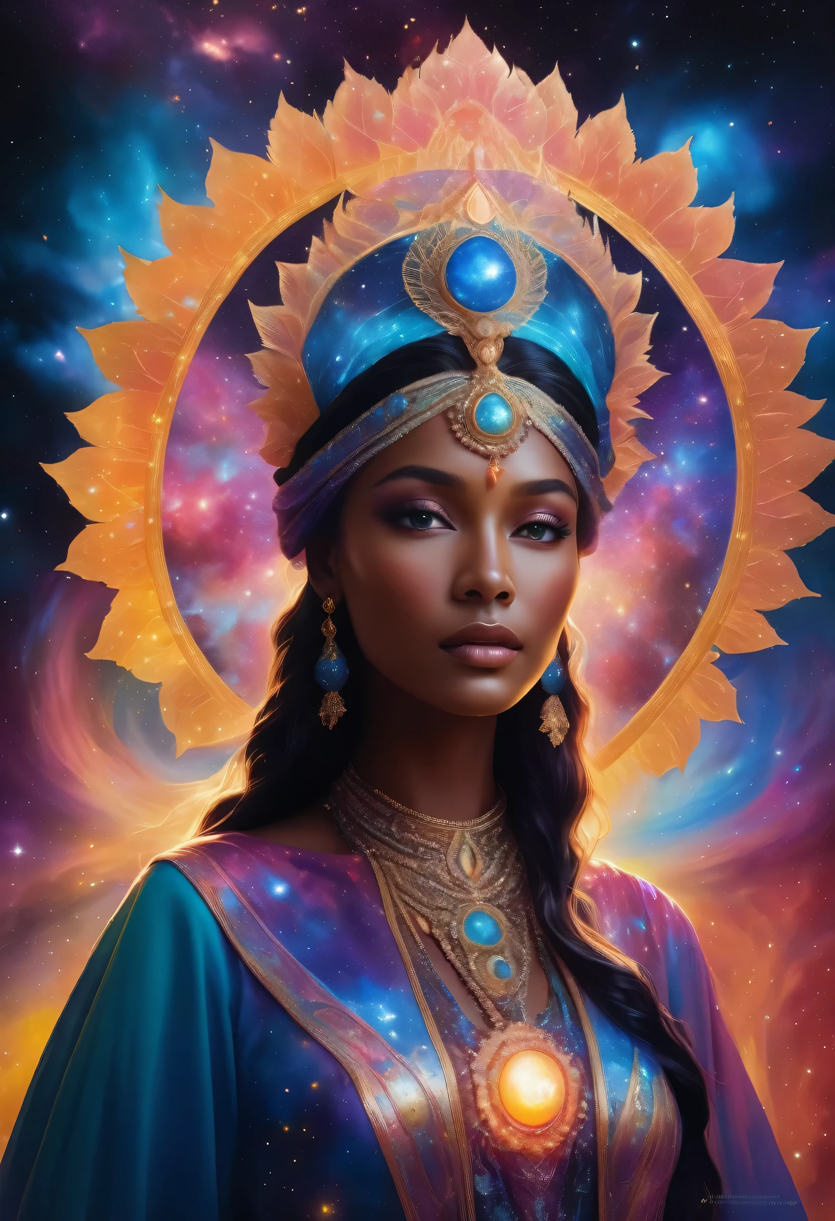 An ethereal cosmic goddess, her holographic form glowing with celestial brilliance against a backdrop of swirling galaxies. This awe-inspiring image is a digitally rendered painting, showing the intricate details of her flowing robes and intricate headdress. Each pixel is meticulously crafted to capture the essence of otherworldly grace, with a mesmerizing play of light and color. The image draws viewers into a mesmerizing realm of cosmic beauty and divine presence.
