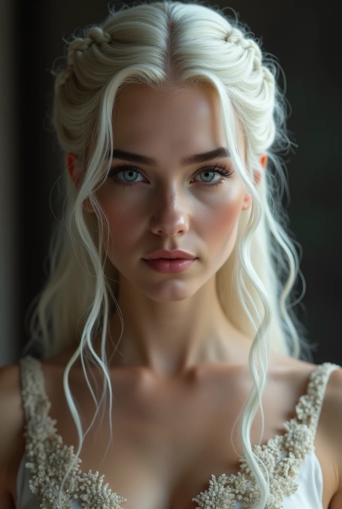 ((Best Quality)), ((masterpiece)), (detailed), Emilia Clarke, Daenerys Targaryen, seminaked, naked,