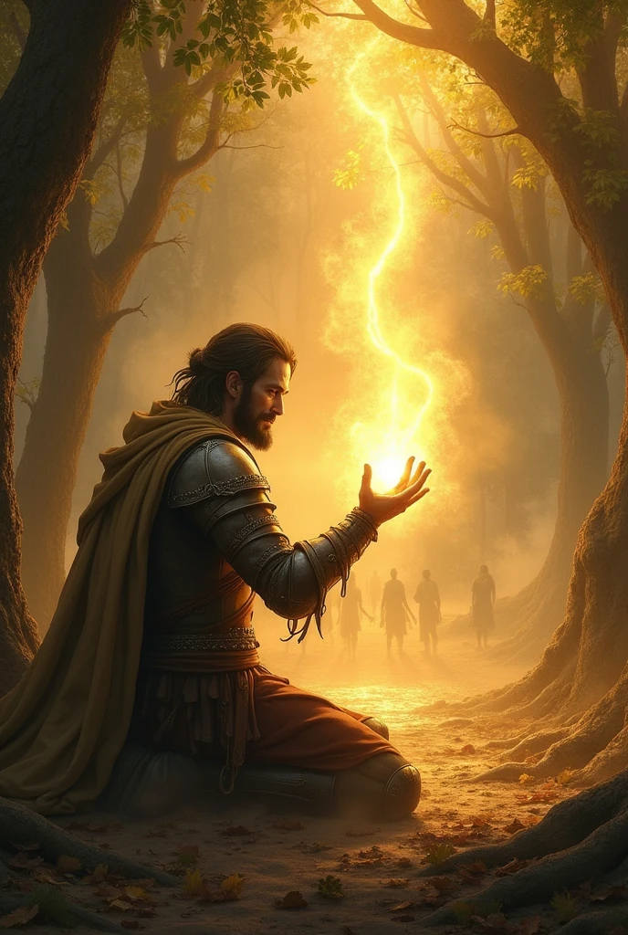 "rpg,A luminous, ethereal hand gently touches a wounded warrior, who is kneeling on the ground, his wounds slowly closing with restorative energy. A soft glow emanates from the hand, while a light breeze seems to lift the surrounding leaves and dust, suggesting the presence of an ancient and powerful magic. The surrounding environment is enveloped in a comforting golden light, contrasting with the battle scene in the distance, where shadows and chaos still reign."