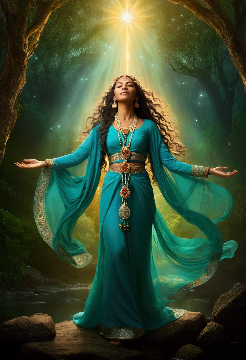 Create an image of a mystical woman standing in an enchanting and ethereal landscape, singing with deep spiritual power. She is surrounded by a soft, luminous glow that symbolizes her profound connection with her soul and spirit. The scene should express spirituality, magic, and the potent energy of misticism, capturing the essence of Moksha. The image should convey a sense of healing, illumination, strength, empowerment, and magnetism. The atmosphere should be whimsical yet powerful, embodying the soul, spirit, and expression in a captivating and mystical way.