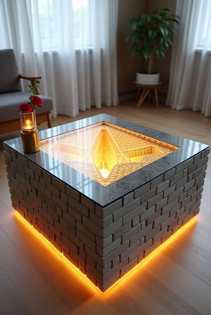 Small square coffee table handcrafted, featuring a reflective glass top that creates a stunning 3D visual effect inside the table resembling an endless tunnel, lit from the inside with warm white LED lighting. The sides are covered with a material that simulates the appearance of grey bricks with a three-dimensional texture.. The table is decorated with simple decorations such as small plants and a golden candlestick containing a red rose.. The table is placed on a light-colored wooden floor.. The table design combines simplicity and elegance with a touch of modernity, making it a distinctive piece of art in any room.