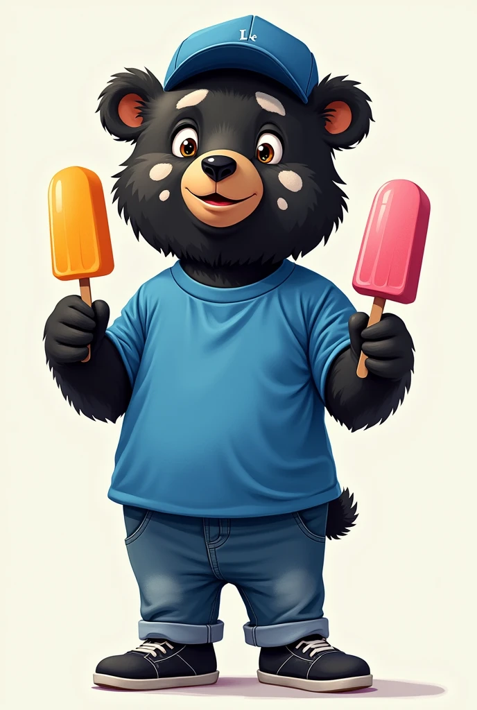 Black frontino bear with whitish spots extending around the eyes and nose through the cheeks, down the neck to the chest, wearing a blue sports shirt, jeans, black shoes and blue cap with popsicle ice cream in each hand





