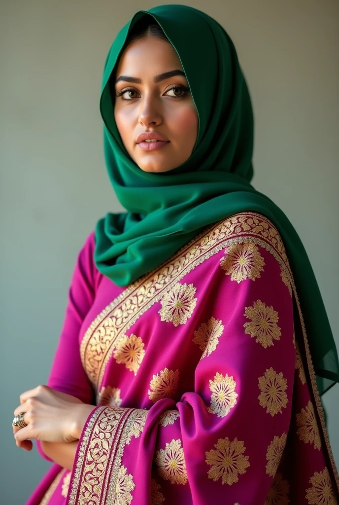 A woman wearing magenta kanjipuram saree with only golden work all over the saree, magenta blouse and emerald green hijab.