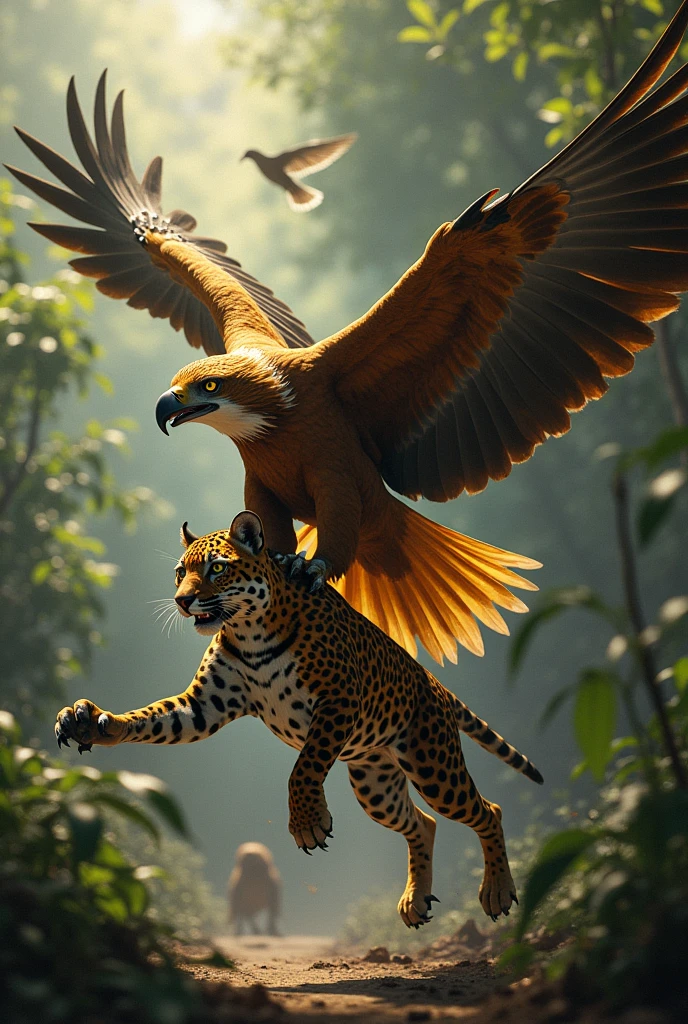 Create an image of a golden eagle catching a jaguar with its claws and carrying it, The cheetah is scared and very hurt.