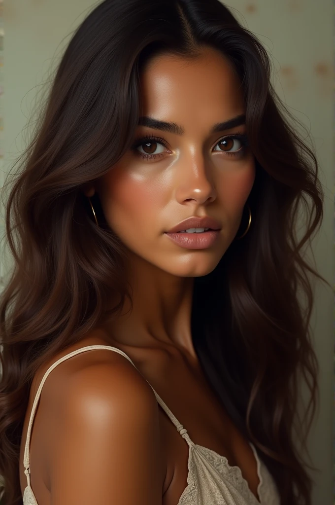 Make a complete portrait of a woman with the following characteristics: long wavy brown hair, high, proportionally thin but not too much, brown eyes, dark skin and of Colombian origins