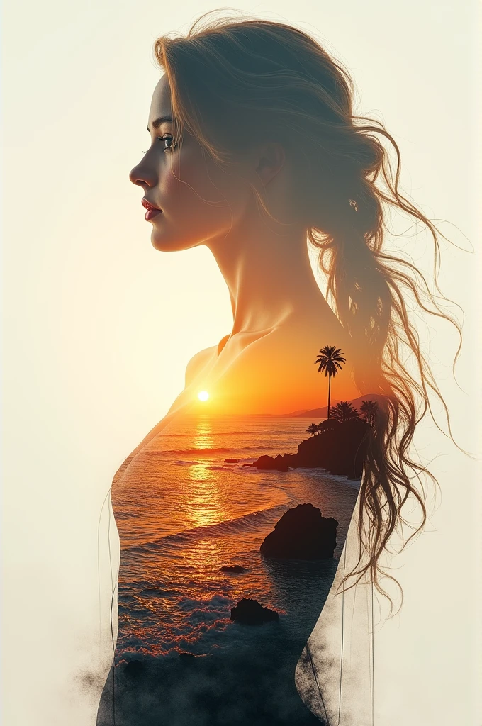 high quality, 8K Ultra HD, A beautiful double exposure that combines an goddess silhouette with sunset coast, sunset coast should serve as the underlying backdrop, with its details incorporated into the goddess , crisp lines, The background is monochrome, sharp focus, double exposure, by yukisakura, awesome full color,