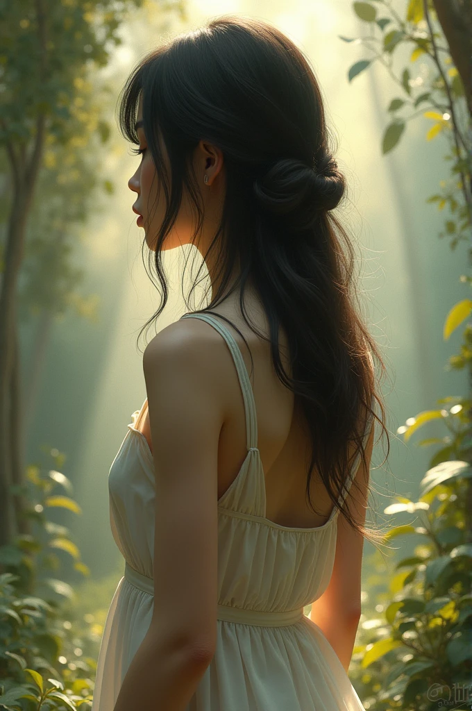 Girl with her back turned without her face being seen, with hair below the shoulders and white skin