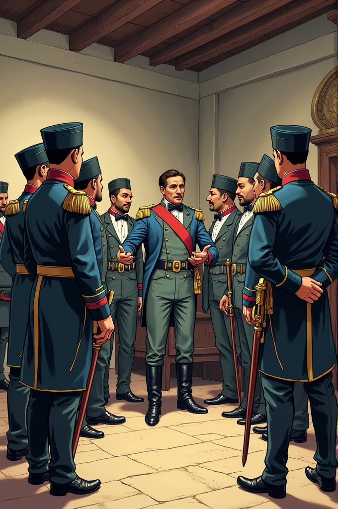 Easy drawing to make of a group of soldiers and José María Melo, dressed in uniform and meets in a barracks discussing effusively in Bogotá 19th century for comics