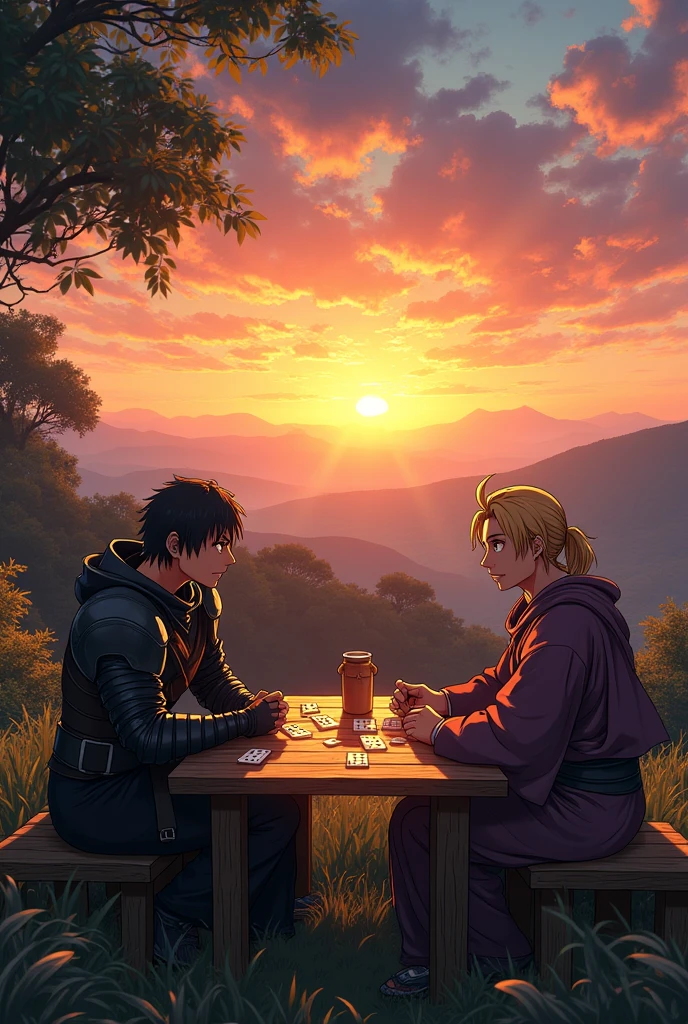 Guts from Berserk Black armor short hair, Thorfinn from Vinland Saga Blonde with Travel clothes and Musashi Miyamoto from Vagabond With Kimono and black hair with long ponytail playing Domino on a hill in Venezuela, Guts sitting, Thorfinn sitting and Musashi sitting at a table to play Dominoes, Sunset in the background