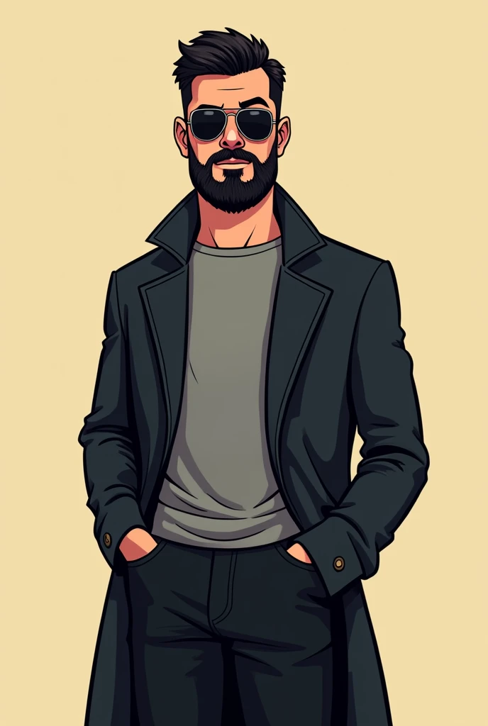 Make a man with a short beard, aviator glasses, with black pants and coat with hands in pockets, style cartoon