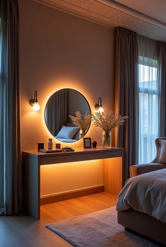 create for me a bedroom with a dressing table that alternates between warm and cool light
