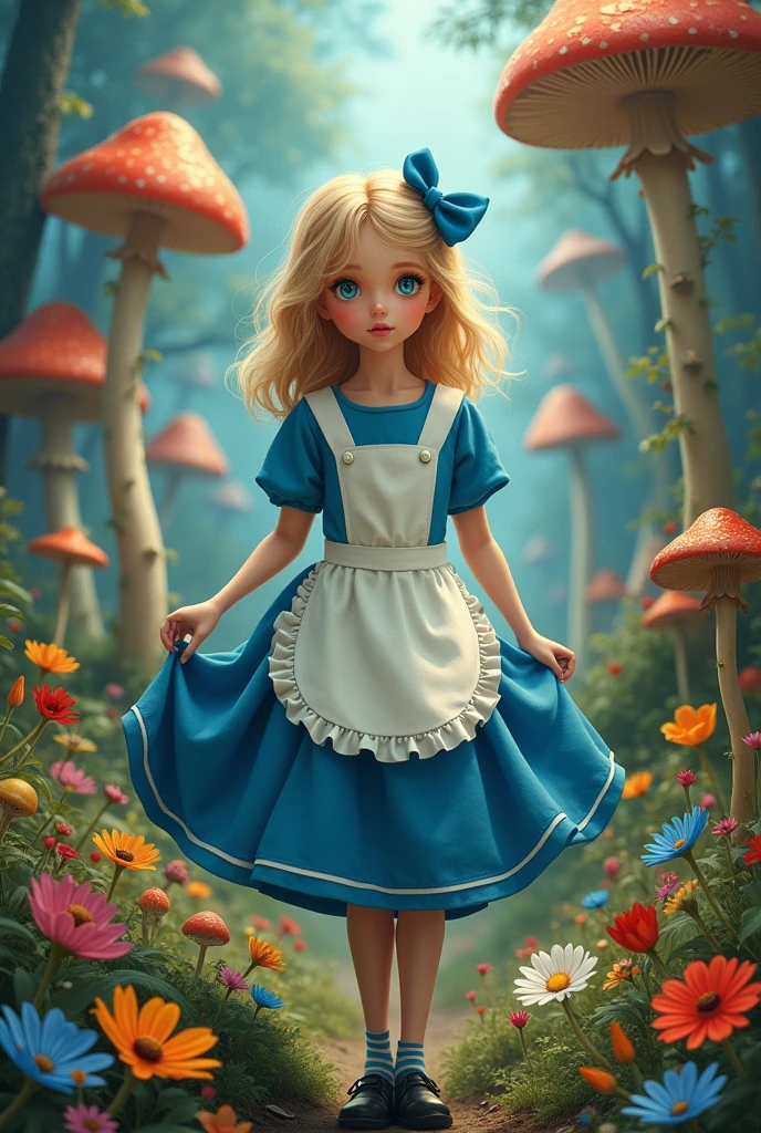 A movie poster, with a blue-eyed blonde, wearing a blue dress with a white apron, striped socks, black shoes and a blue bow in her hair, No fundo, a forest with giant mushrooms and flowers of various species and colors
