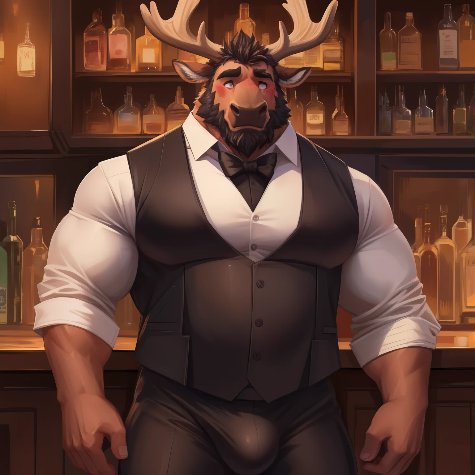 indong, lucusold, lanxus, a ager guy with a muscle, furry deer wearing ((super tight white shirt with matte black whool suit vest :1.2)), big moose antlers, human face, bulge, bar, bartender, fit, ((shy face, blushed cheeks):1.3), bearded , no fat, danbooru and artstation, heavy detailed, handsome, commission for high res, detailed but rough, semirealistic:1.3