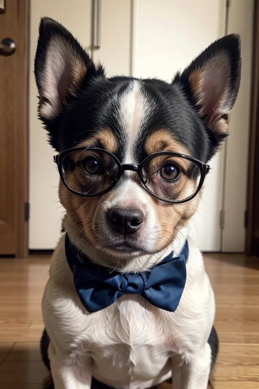 A cute dog with a bow tie wearing glasses