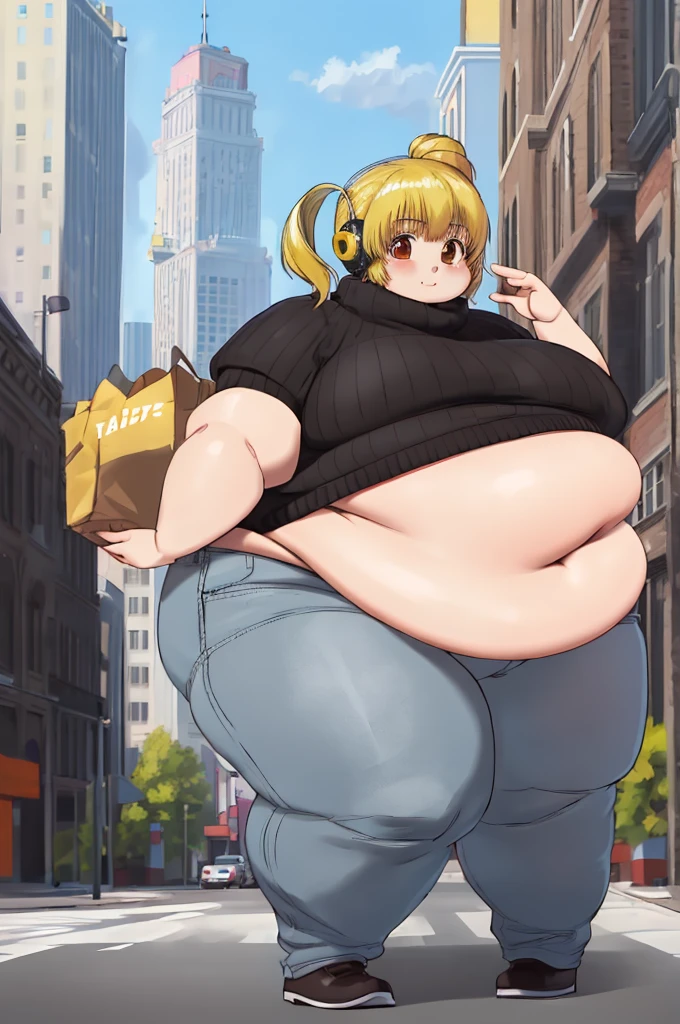 masterpiece, 4k, best_quality, 1girl, solo, fat super pochaco, blonde hair, plump, thick thighs, fat belly, big butt, sweater, city