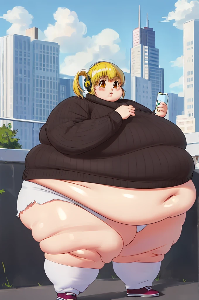 masterpiece, 4k, best_quality, 1girl, solo, fat super pochaco, blonde hair, plump, thick thighs, fat belly, big butt, sweater, city