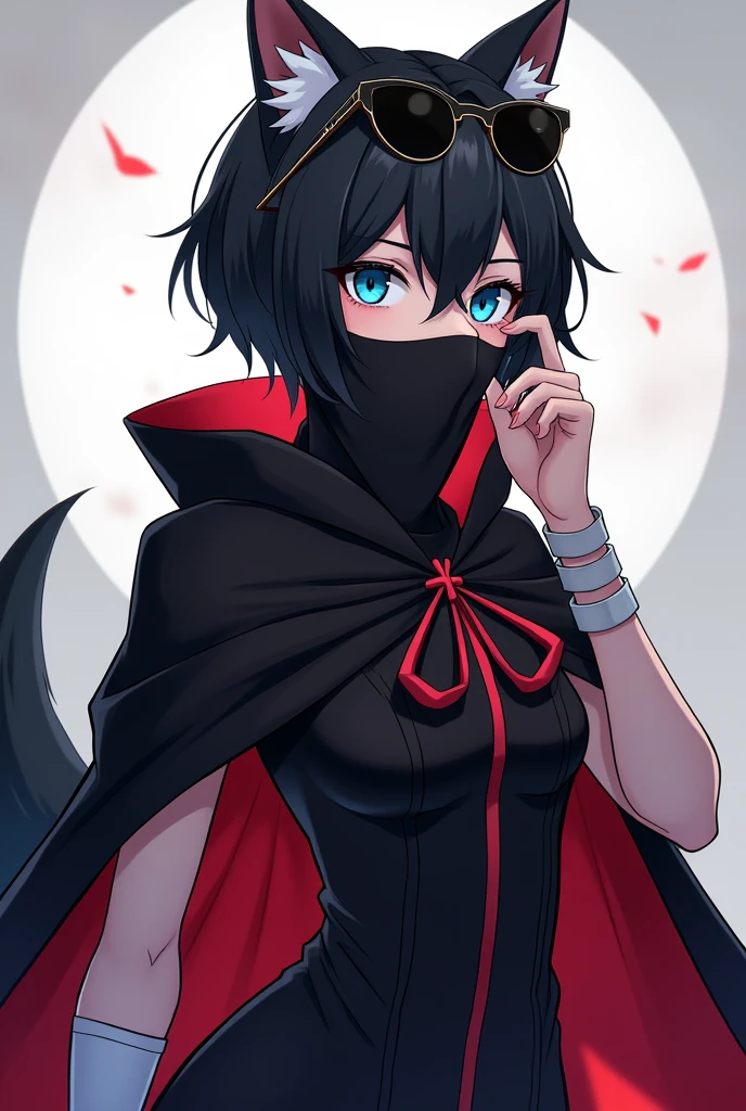 ((masterpiece, Anime)) Wolf girl, 24 years, wolf's tail, female, Short black hair with white tips, handsome, slender, dark priest with balck and red cloack, blue eyes, cultist, solo, one character, Long clothes. Black bandana covering the mouth in colors that match the outfit. White armband, Sunglasses with round lenses on the tip of the nose.