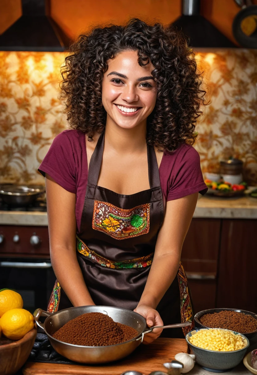 a beautiful detailed portrait of a young brazilian woman with curly dark hair,warm smile,wearing a brazilian apron,cooking feijoada and brigadeiro dessert,highly detailed,photorealistic,studio lighting,vibrant colors,warm color tones,masterpiece