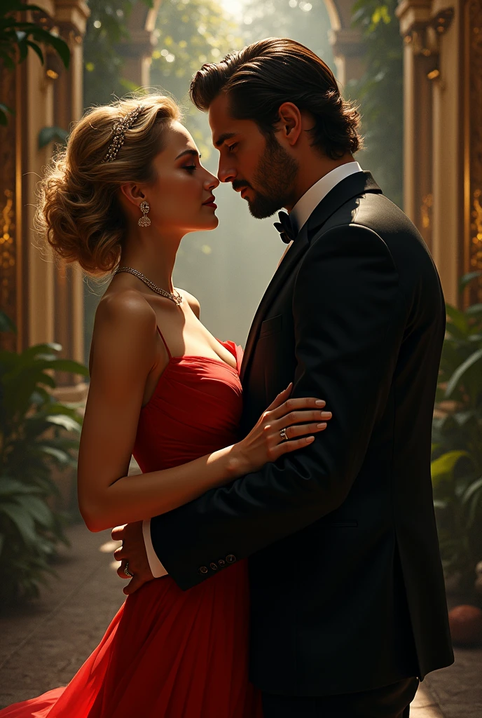 a spoiled socialite, a rebellious man, Amanda Seyfried, Gabriel Garko, romance story, photorealistic, dramatic lighting, cinematic, intricate details, chiaroscuro, moody colors, high contrast, oil painting style, dynamic poses, intense expressions, elegant fashion, luxurious setting, architectural elements, lush foliage, dramatic atmosphere