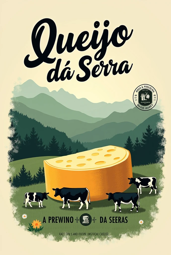 Create a label for a Minas Frescal cheese in which the brand name will be Queijo da Serra. The cheese must appear on the packaging, has to be round, very chic and easy to market. I wish it had green, some mountains and cows in the pasture in black and white. It would be nice if the label had a list of ingredients., a stamp written ART.