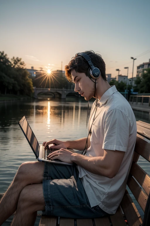 Bridge at sunset , man studying laptop headset on a park bench 