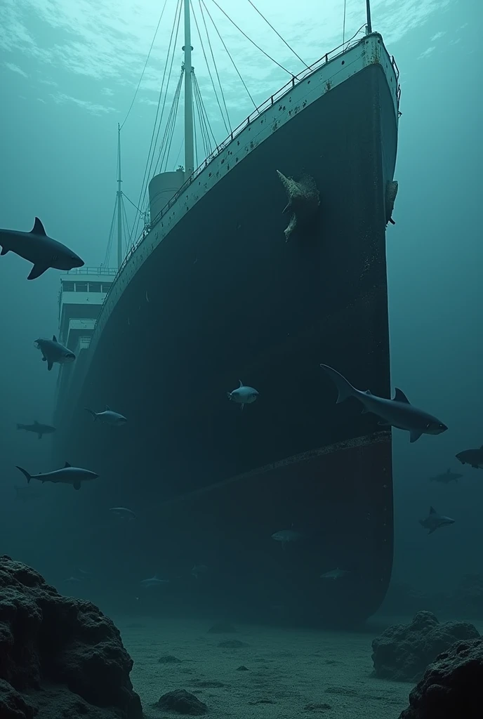 Titanic bow underwater sharks