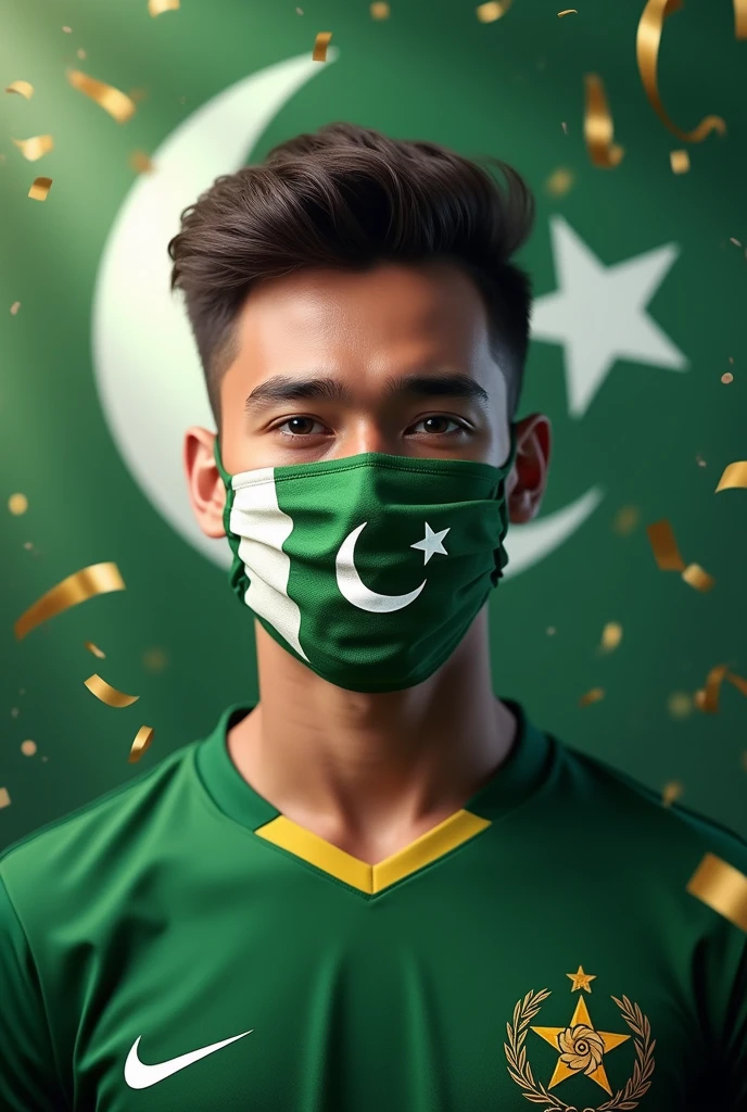 A lovely handsome boy wearing Pakistan's jersey mask and trouser hidden face. In backgroung Pakistan flag with celebration thingngs. 