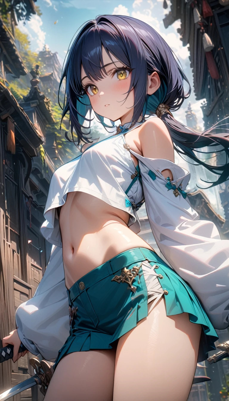 young girl, long dark blue hair, yellow eyes, low ponytail, white Chinese shirt, lush sleeves, open shoulders, open belly, turquoise lush short skirt, swords, Masterpiece, best quality, Full HD, 8k, ultra details, great graphic