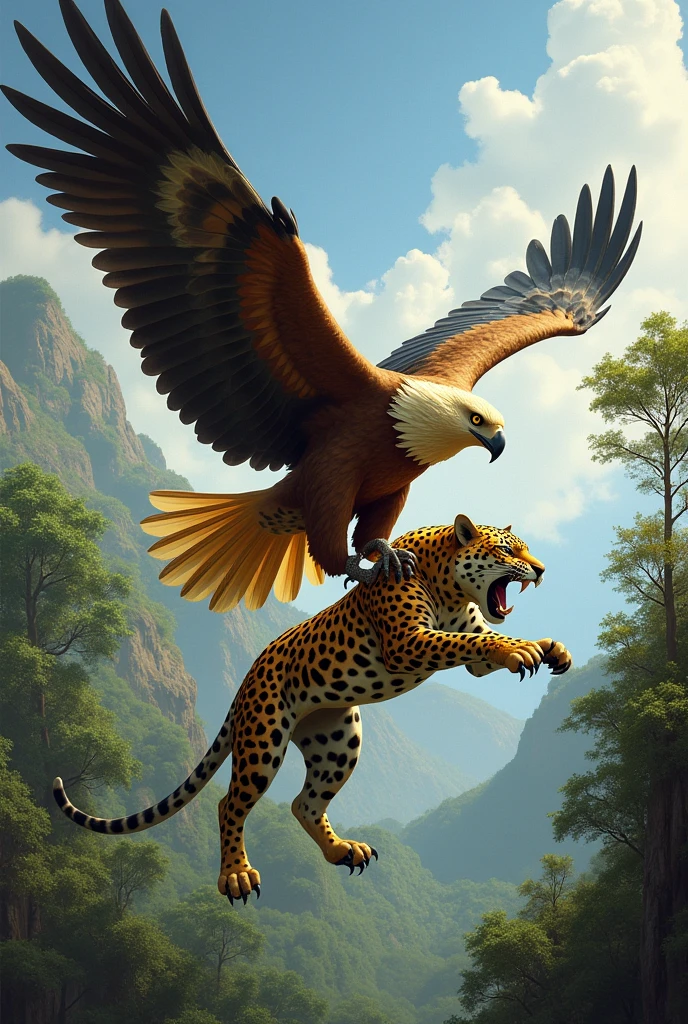Create an image of a golden eagle catching a jaguar with its claws and carrying it, The cheetah is scared and very hurt, letting out an impressive roar.