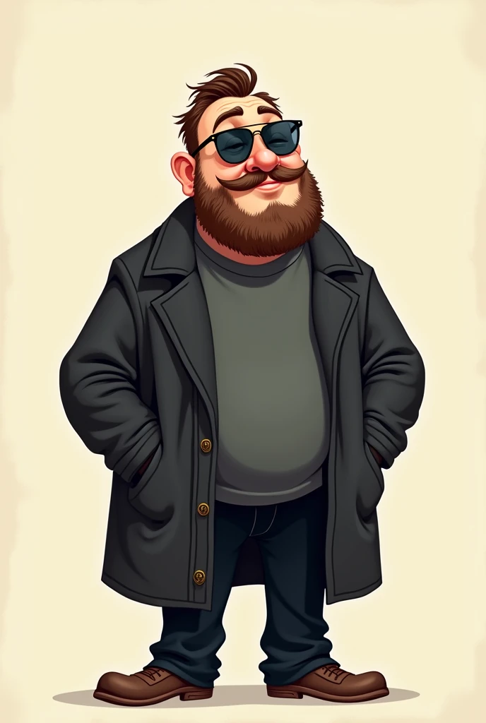 Make a man with a short beard, aviator glasses, pot-bellied man in black pants and coat with hands in pockets, style cartoon