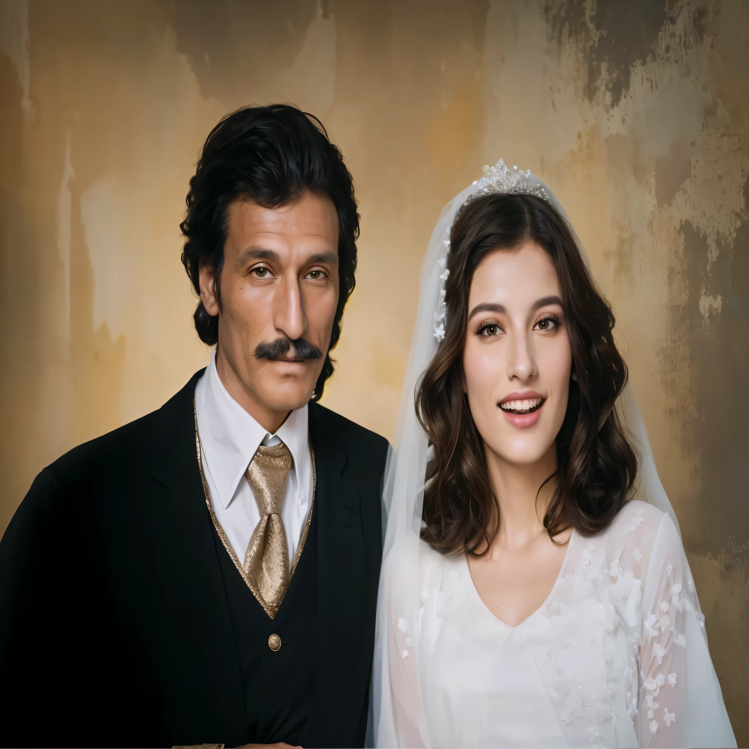there is a man and a woman posing together for a photo, wedding photo, Inspired by Pál Balkay, portrait de pareja, portrait, a colored photo, portrait de parejas, restored photo, ayanamikodon and irakli nadar, colored photo, foto de portrait realista, inspired by Cristache Gheorghiu, old style photo, promotional image of the movie