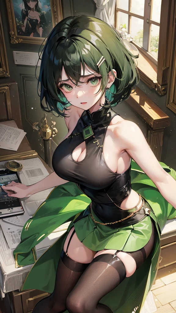 1 girl, anime, high quality, intricate details, black hair, fluffy hair, short hair, elegant, futuristic setting, stockings, green streaks in hair, stoic expression, curvy build, confident pose, mansion, indoors, hairclips, light green eyes, black hair, cropped tank top, silk skirt,