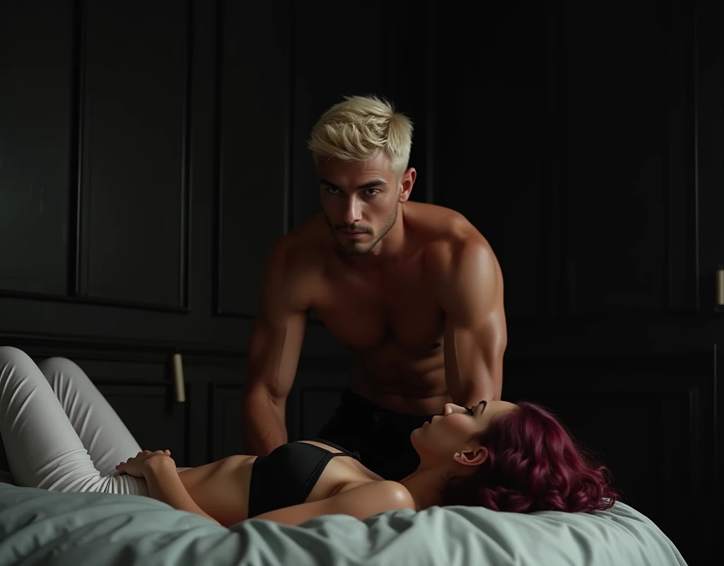 216 cm tall, 33-year-old man, short crew cut platinum blond wavy swept back hair, dark skin, red eyes, Arabic-Egyptian features, black pants, intense expression looking down, straddling the hips of a 24-year-old woman far shorter in height on her back looking up with vibrant maroon side parted wavy hair and light skin wearing white pants and black bra beneath him on a bed in a black and wood minimalistic bedroom, dark lighting, photorealistic, cinematic