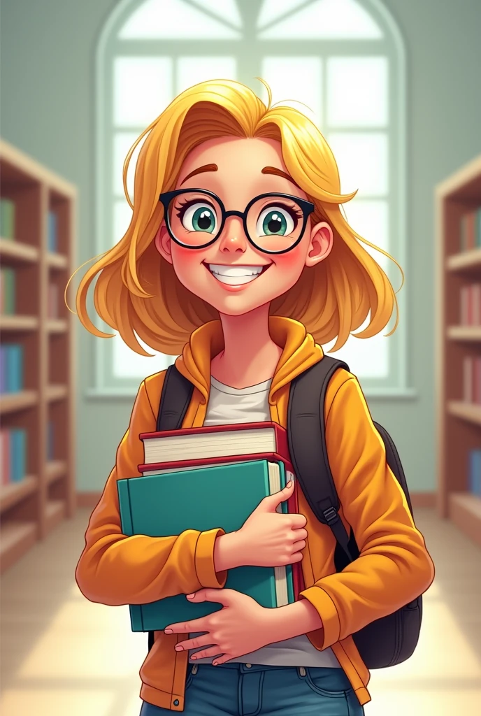blonde teenager with glasses, carrying books, Grinning
