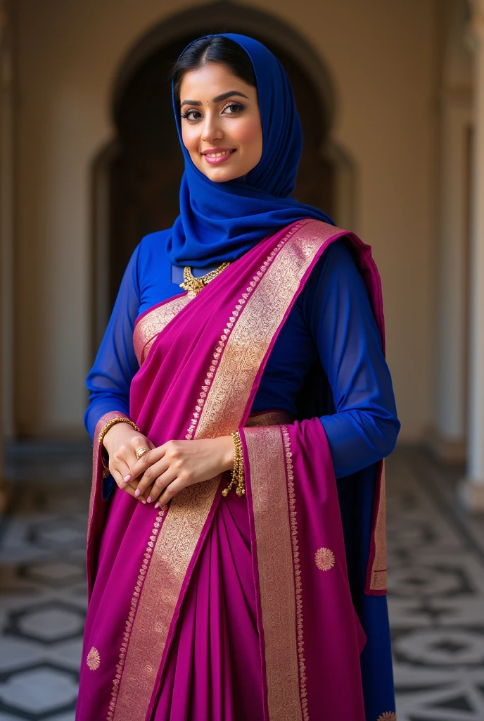 A woman wearing magenta kanjipuram saree with only golden jari work all over the saree, magenta blouse and royal blue hijab.