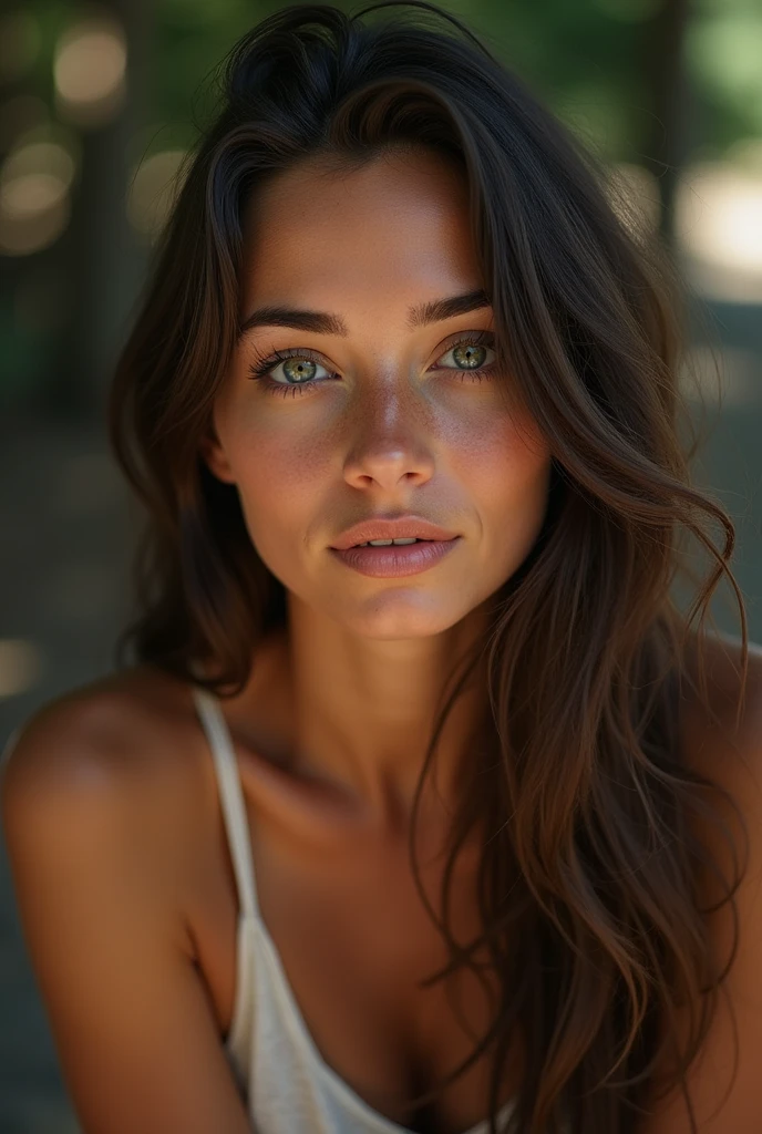 a very beautiful woman, perfect face, perfect eyes, camping