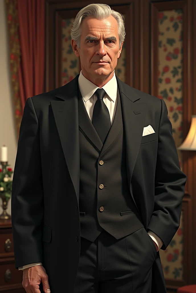 1950 context, a pale-skinned man, gold eyes, Robust and strong, with an air of security, He has a distinguished appearance that is reinforced by his way of dressing., Always elegant. Let it be as realistic as possible
