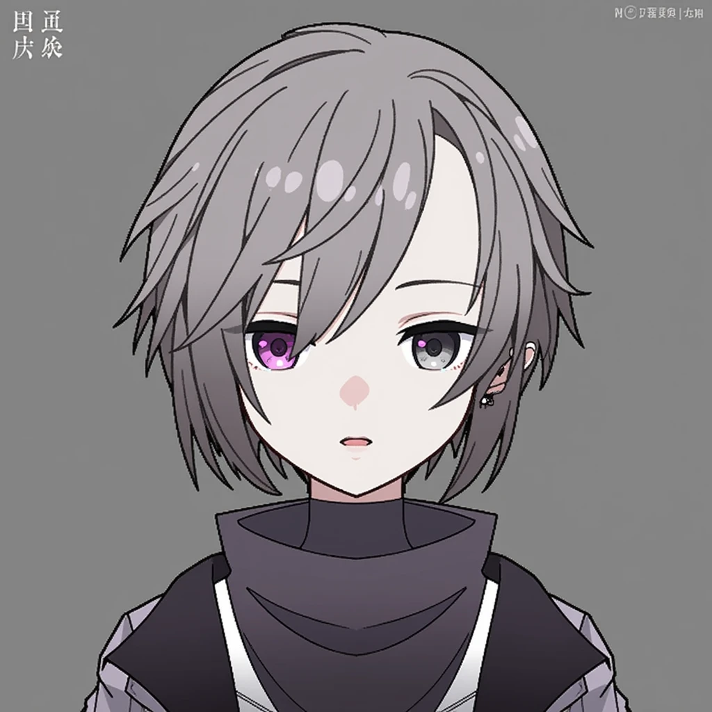 young woman, half elf, ash-colored hair, frizzy short hair, tall, mage, small ears, pale skin, high collar, anime style, black eyes, heterochromia, jacket and scarf, dark clothes, zombie, sword in sheath