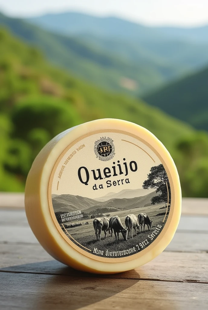 Create a label for a Minas Frescal cheese in which the brand name will be Queijo da Serra. The cheese must appear on the packaging. the packaging has to be round, very chic and easy to market. I wish it had green, some mountains and cows in the pasture in black and white. It would be nice if the label had a list of ingredients., a stamp written ART.