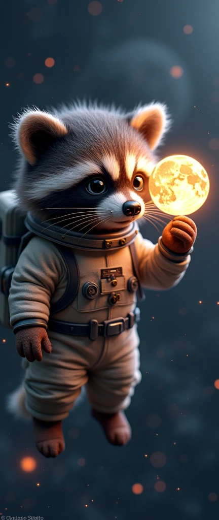A captivating 3D rendering of an adorable, Extra fluffy baby raccoon transformed into a realistic astronaut, floating alone in the vastness, dark expanse of space. The raccoon is dressed in a fancy space suit., staring at a small, Vibrant image of moon suspended in their gloved hand, that casts a warm, An otherworldly glow on her face. The backdrop shows a stunning view of the cosmos., Full of countless stars and galaxies, Creating a strangely beautiful and darkly fantastic atmosphere.., conceptual art, 3d rendering, Vibrant, Photo