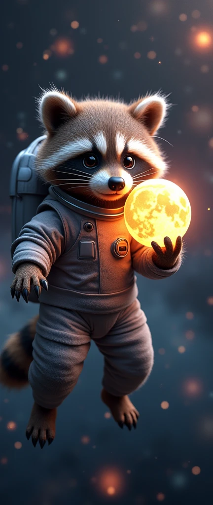 A captivating 3D rendering of an adorable, Extra fluffy baby raccoon transformed into a realistic astronaut, floating alone in the vastness, dark expanse of space. The raccoon is dressed in a fancy space suit., staring at a small, Vibrant image of moon suspended in their gloved hand, that casts a warm, An otherworldly glow on her face. The backdrop shows a stunning view of the cosmos., Full of countless stars and galaxies, Creating a strangely beautiful and darkly fantastic atmosphere.., conceptual art, 3d rendering, Vibrant, Photo