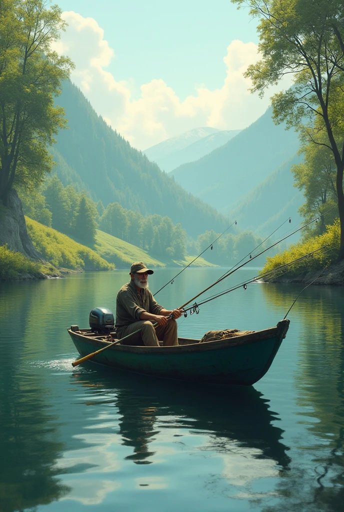 a man in a boat with several fishing rods