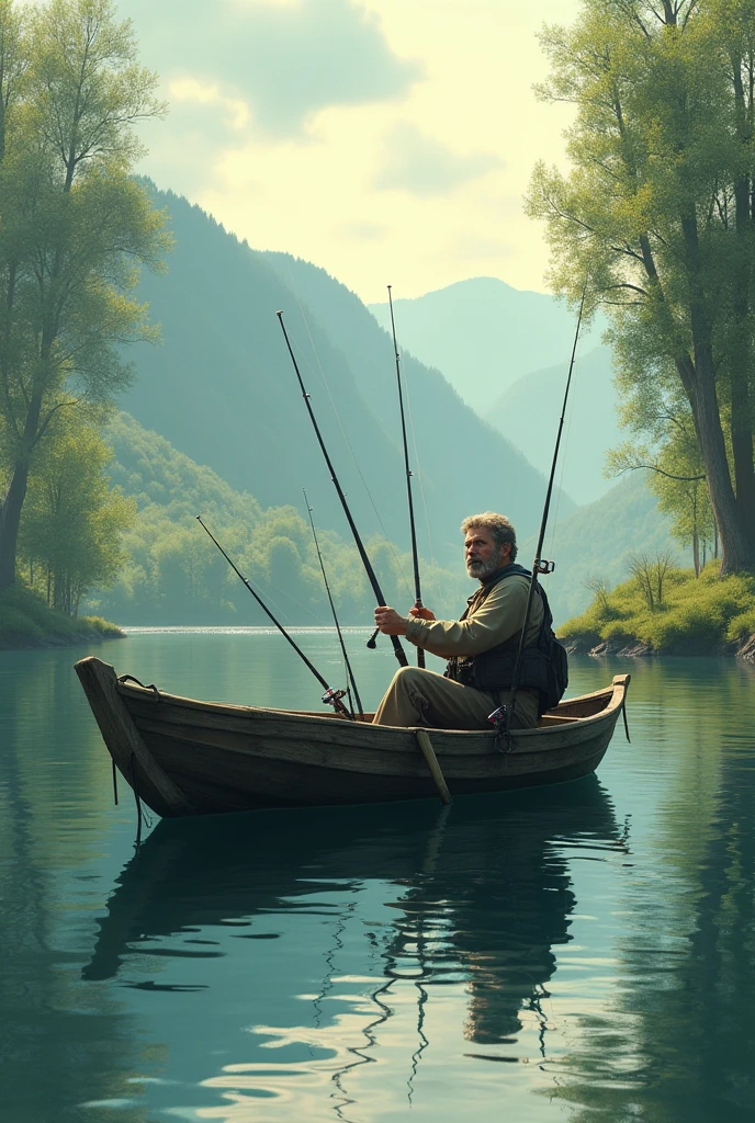 a man in a boat with several fishing rods