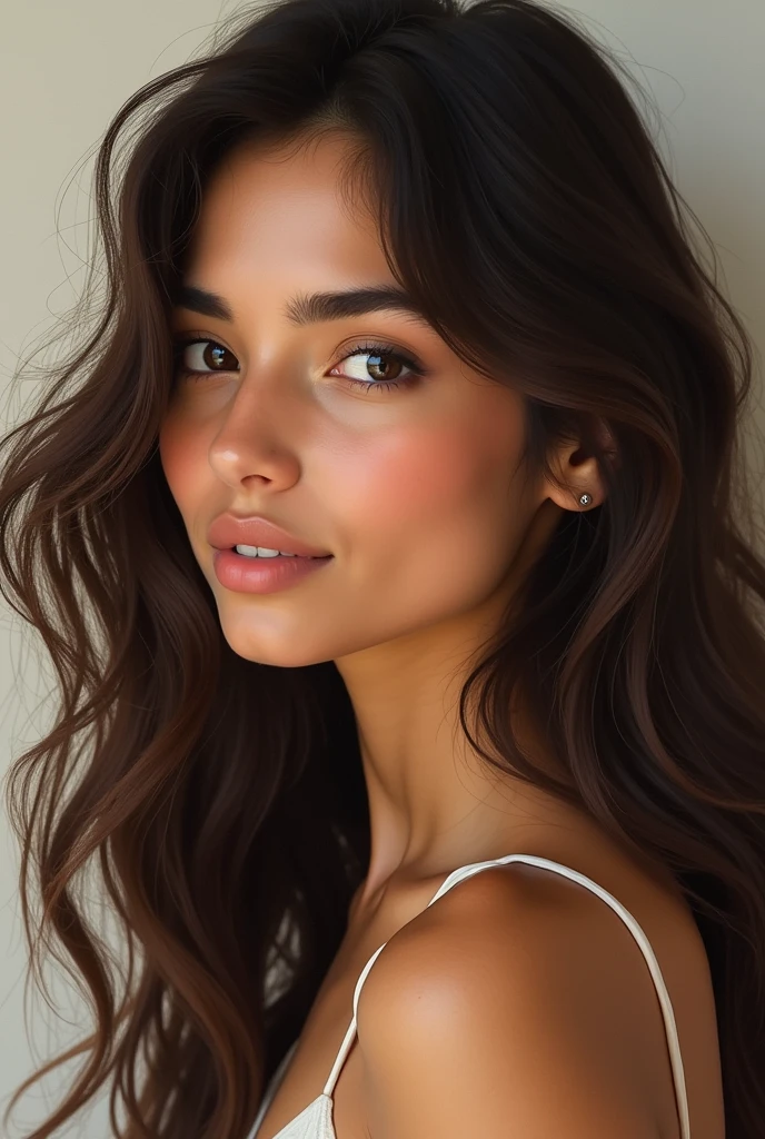 Make a complete portrait of a woman with the following characteristics: long wavy brown hair, high, proportionally thin but not too much, brown eyes, white skin tending to brown, of Colombian origins and 20 years old