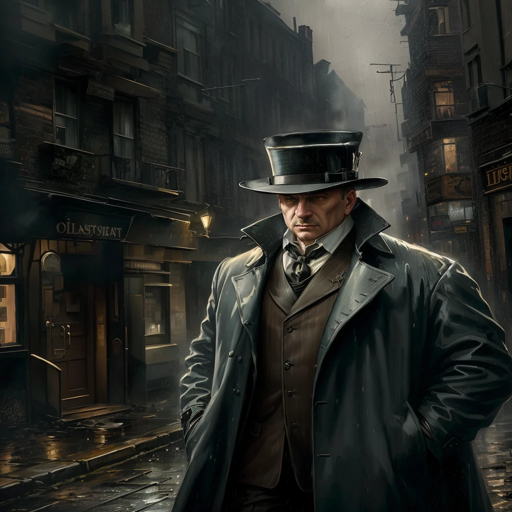 Gustavdor painting style，Detective wears（wind coat：1.1）And realistic illustration of hat，At night in the city of Victorian London，epic lighting，cinmatic lighting，A high resolution，（detailled image：1），insanely details，（highly  detailed：1.2），Mafia in the 1920s, windbreaker and top hat, realistic oil painting style, printmaking style, heavy fog and rainstorm, dilapidated town, street lights, narrow roads, stretching forward, suffocating, horror style, suspense style, detective novel style, Mafia style, mysterious, deep, dark, fantasy